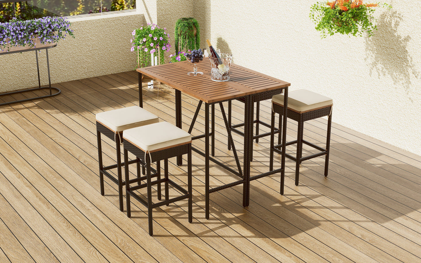 Outdoor Dining Table Set,Acacia Wood Bar Height Table & Stools With Cushions