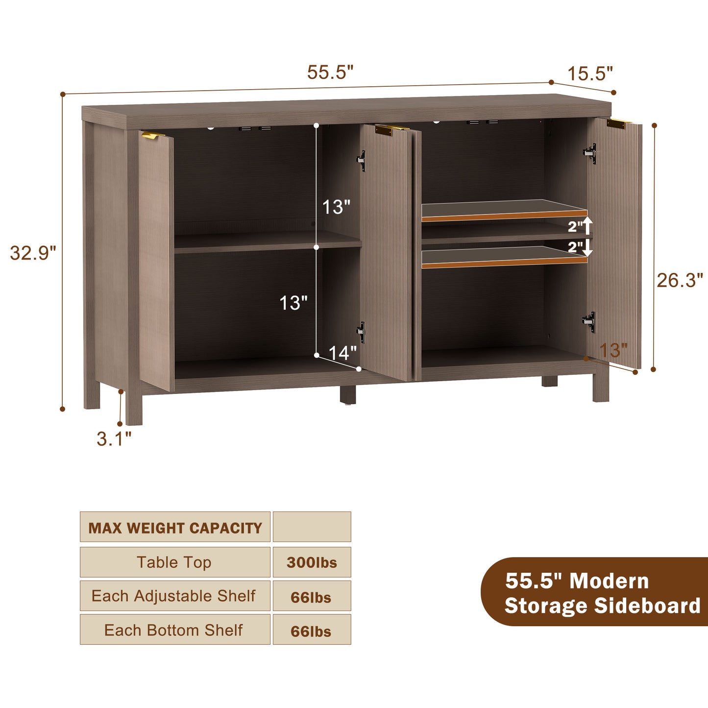 55.5 Inch Sideboard Buffet Cabinet With Sturdy Desktop