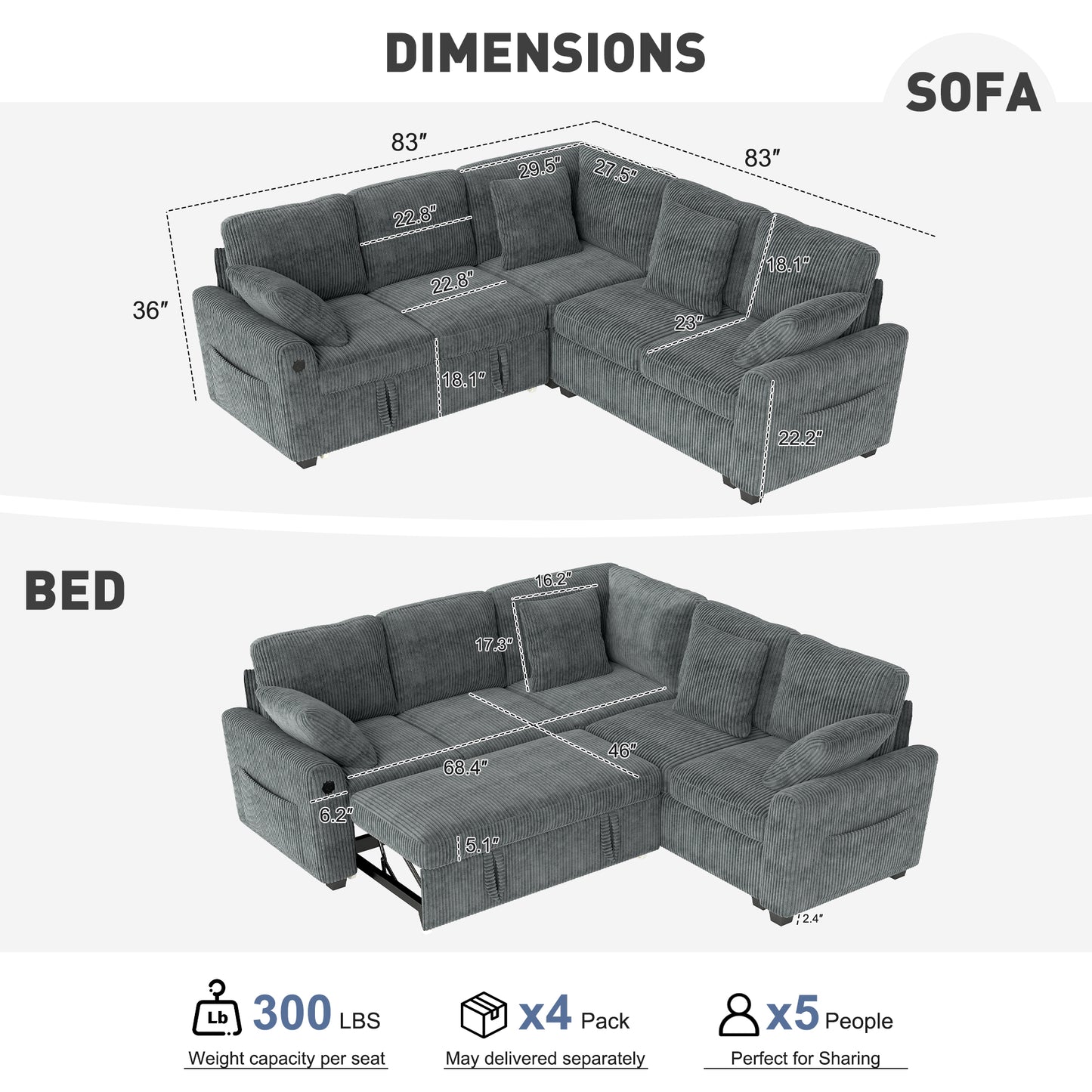 Sectional Sleeper Sofa with Pull Out Bed for Living Room