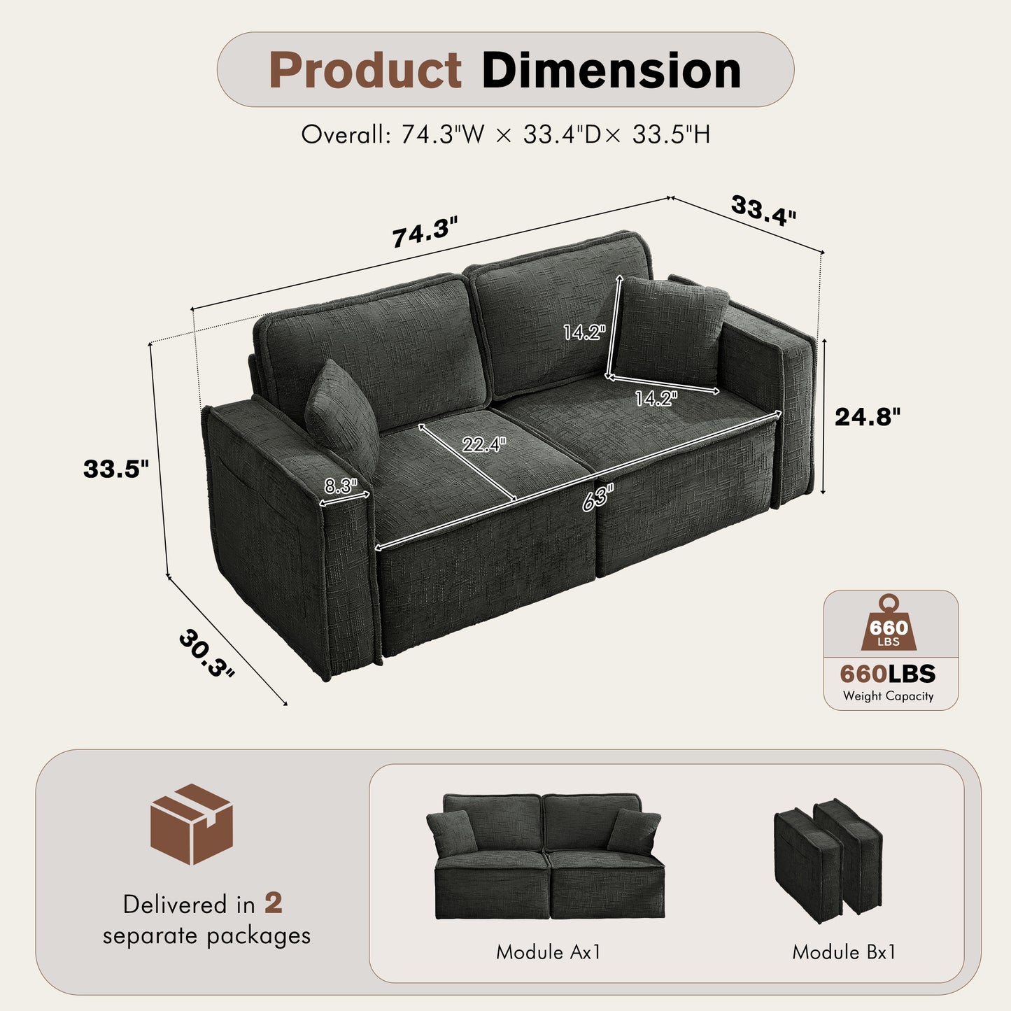 BedLuxury Oversized Loveseat Sofa, Modern Sectional Couch with Width Armrest for Living Room & Bedroom, Breathable Chenille Fabric