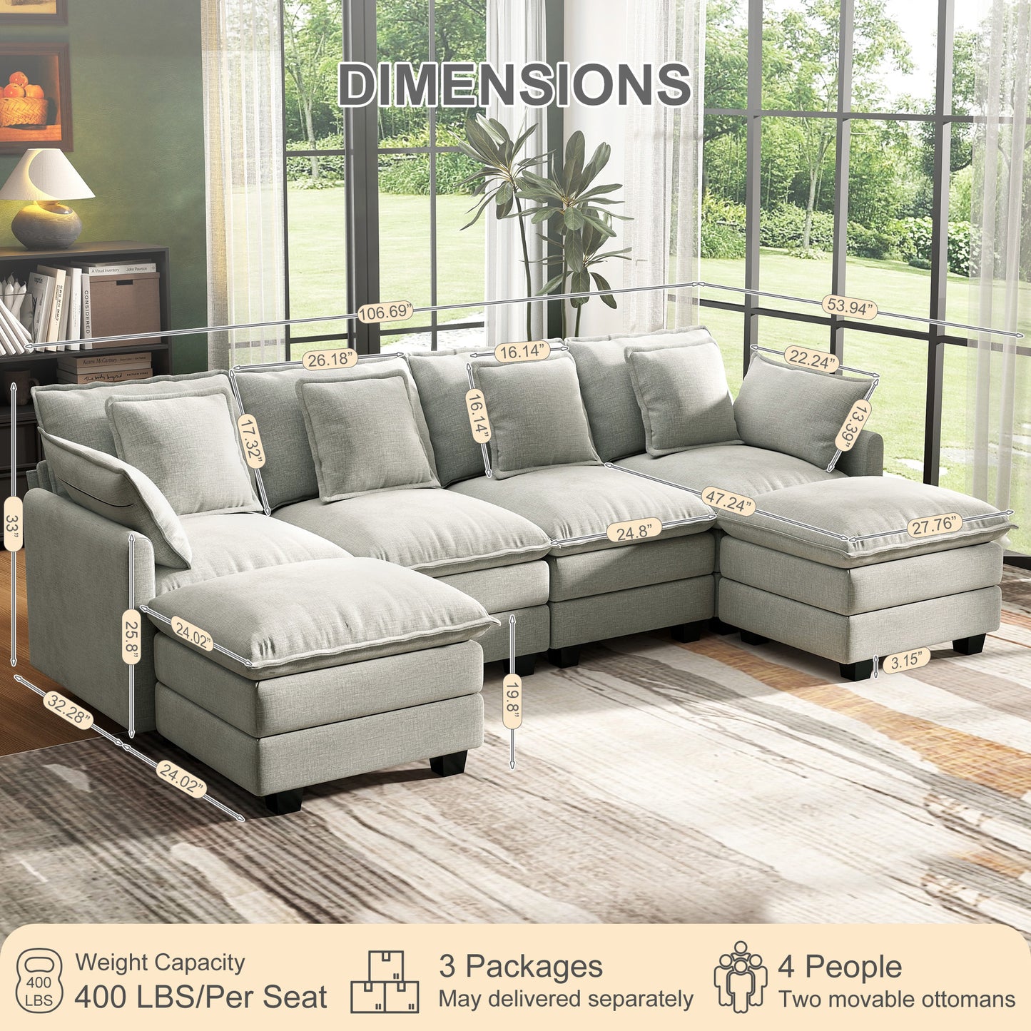Modular Sectional Sofa with Movable Ottomans