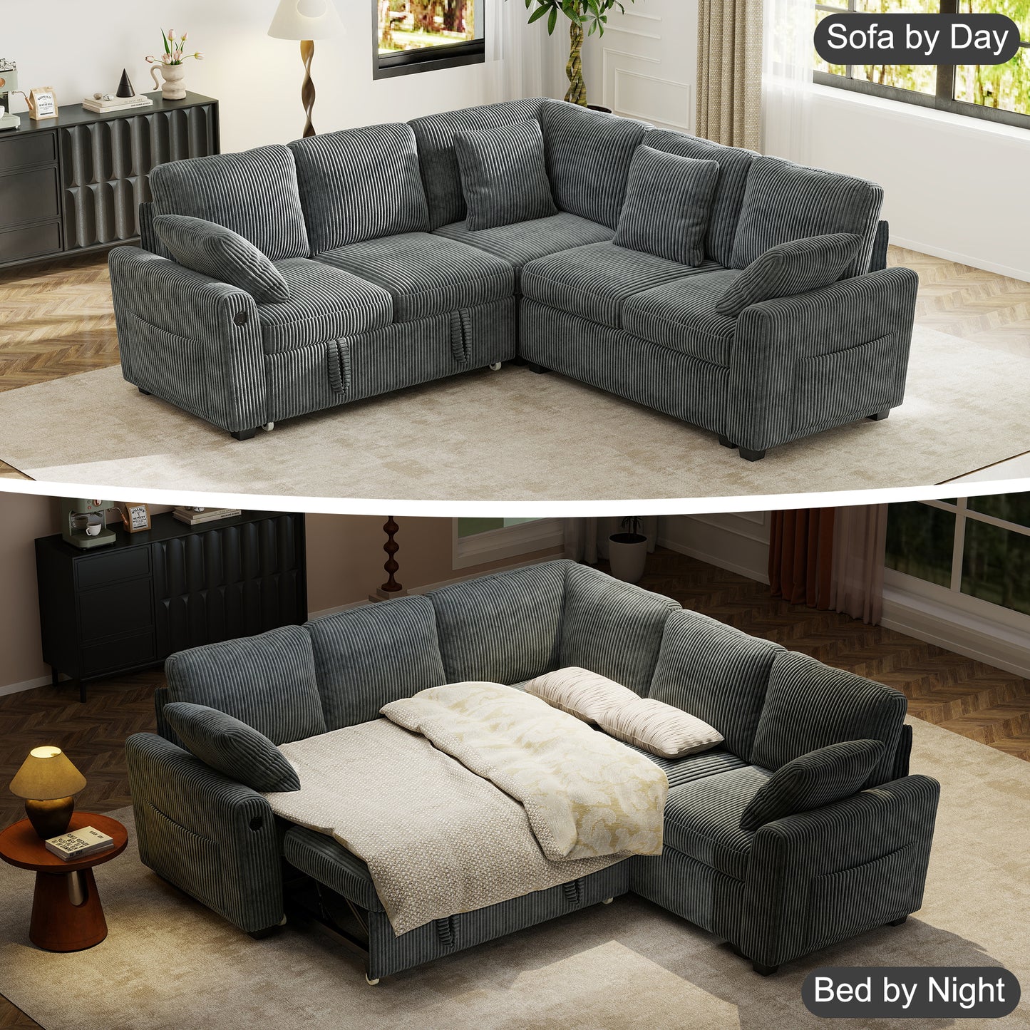 Sectional Sleeper Sofa with Pull Out Bed for Living Room