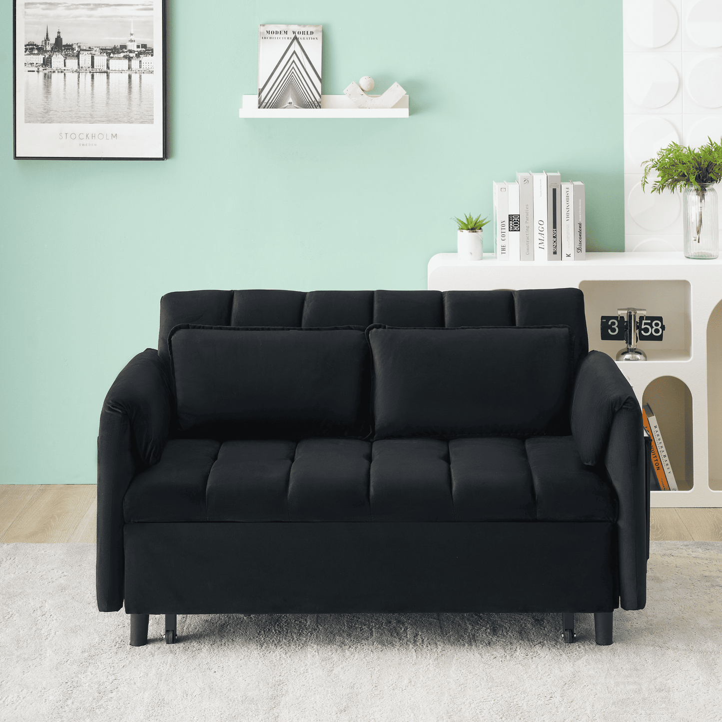 3-in-1 Loveseat Sleeper Couch, Velvet Convertible Sofa Bed with Adjustable Backrest for Living Room or Office.