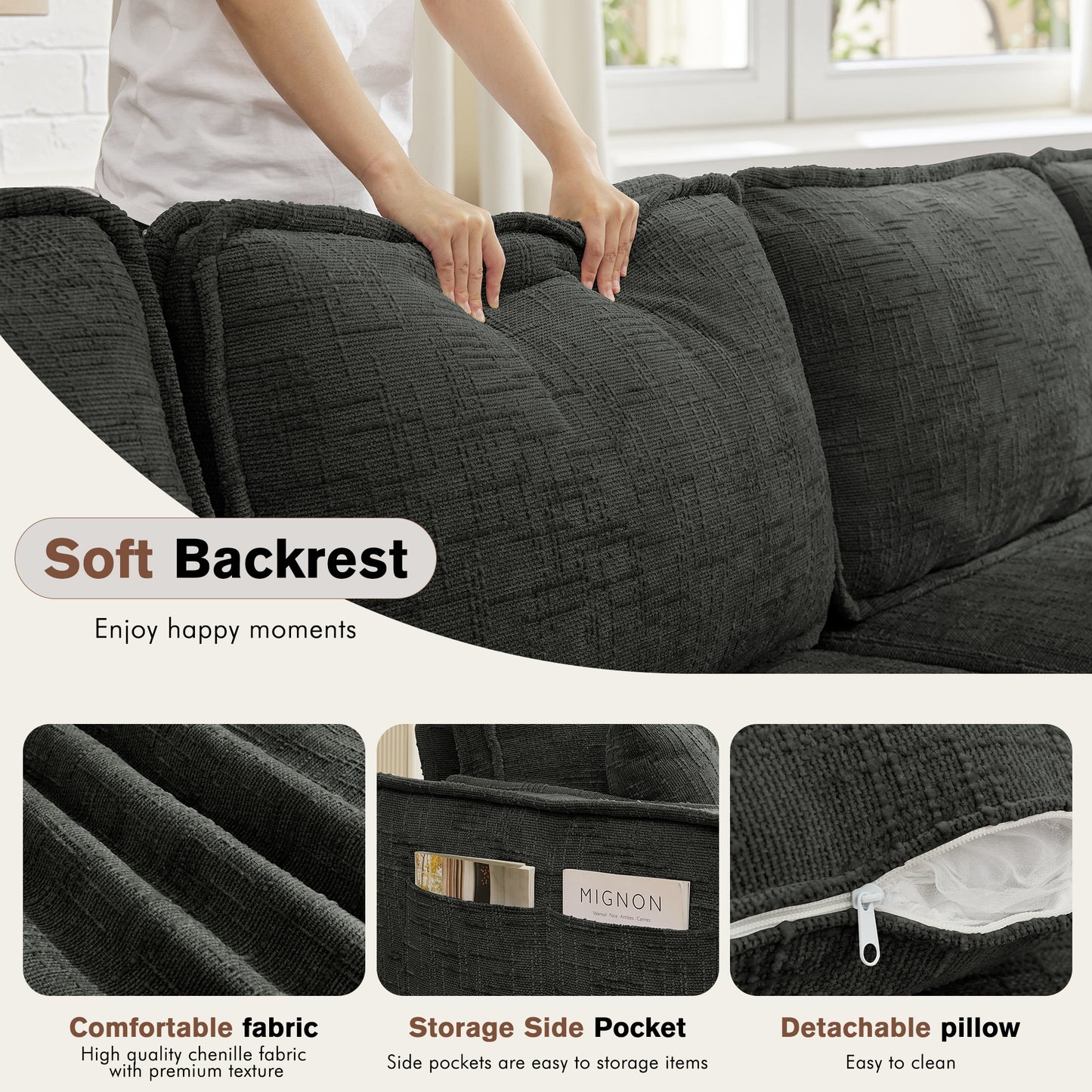 BedLuxury Oversized Loveseat Sofa, Modern Sectional Couch with Width Armrest for Living Room & Bedroom, Breathable Chenille Fabric