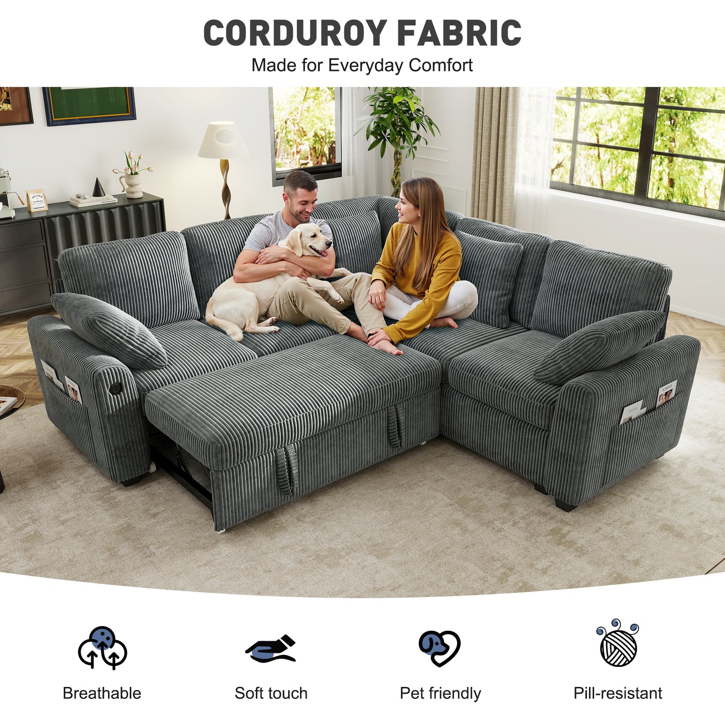 Sectional Sleeper Sofa with Pull Out Bed for Living Room