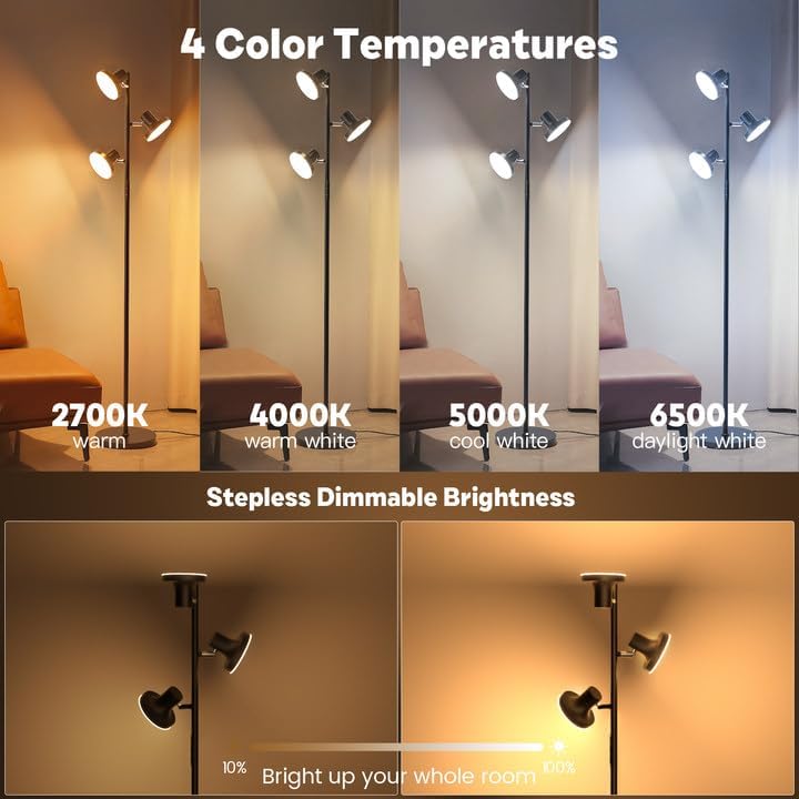 BedLuxury 67” 36W Tree Floor Lamp with Remote & Touch Control, 3 Lights Modern Dimmable Standing Lamp for Living Room, Bedroom, 4 Color Temperatures