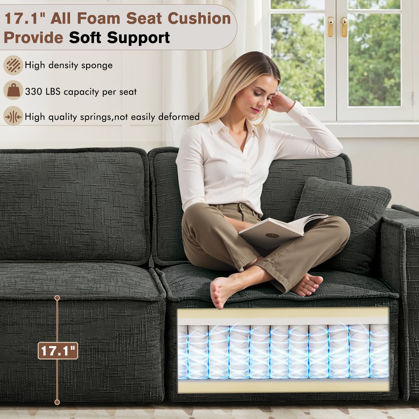 BedLuxury Oversized Loveseat Sofa, Modern Sectional Couch with Width Armrest for Living Room & Bedroom, Breathable Chenille Fabric