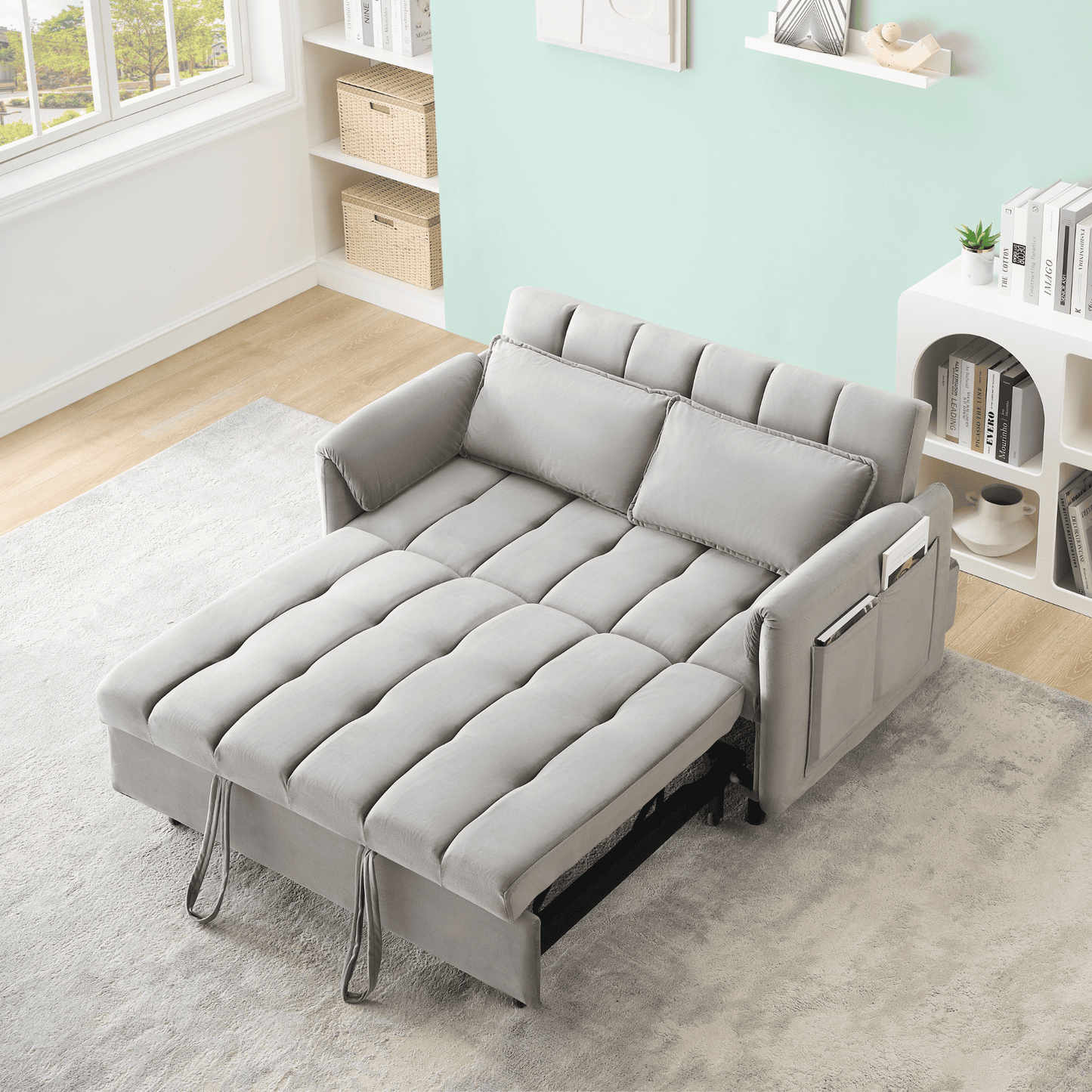 3-in-1 Loveseat Sleeper Couch, Velvet Convertible Sofa Bed with Adjustable Backrest for Living Room or Office.