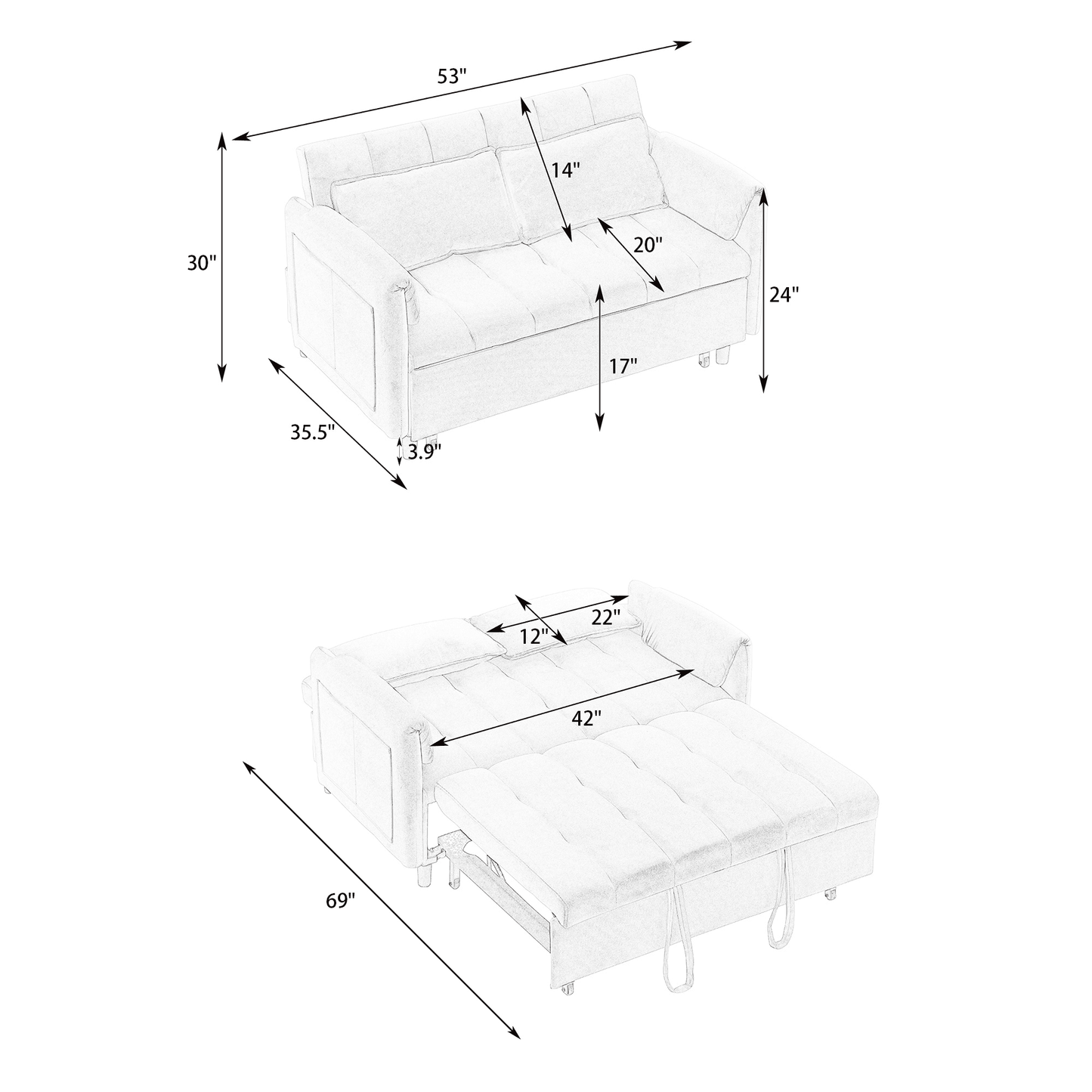 3-in-1 Loveseat Sleeper Couch, Velvet Convertible Sofa Bed with Adjustable Backrest for Living Room or Office.