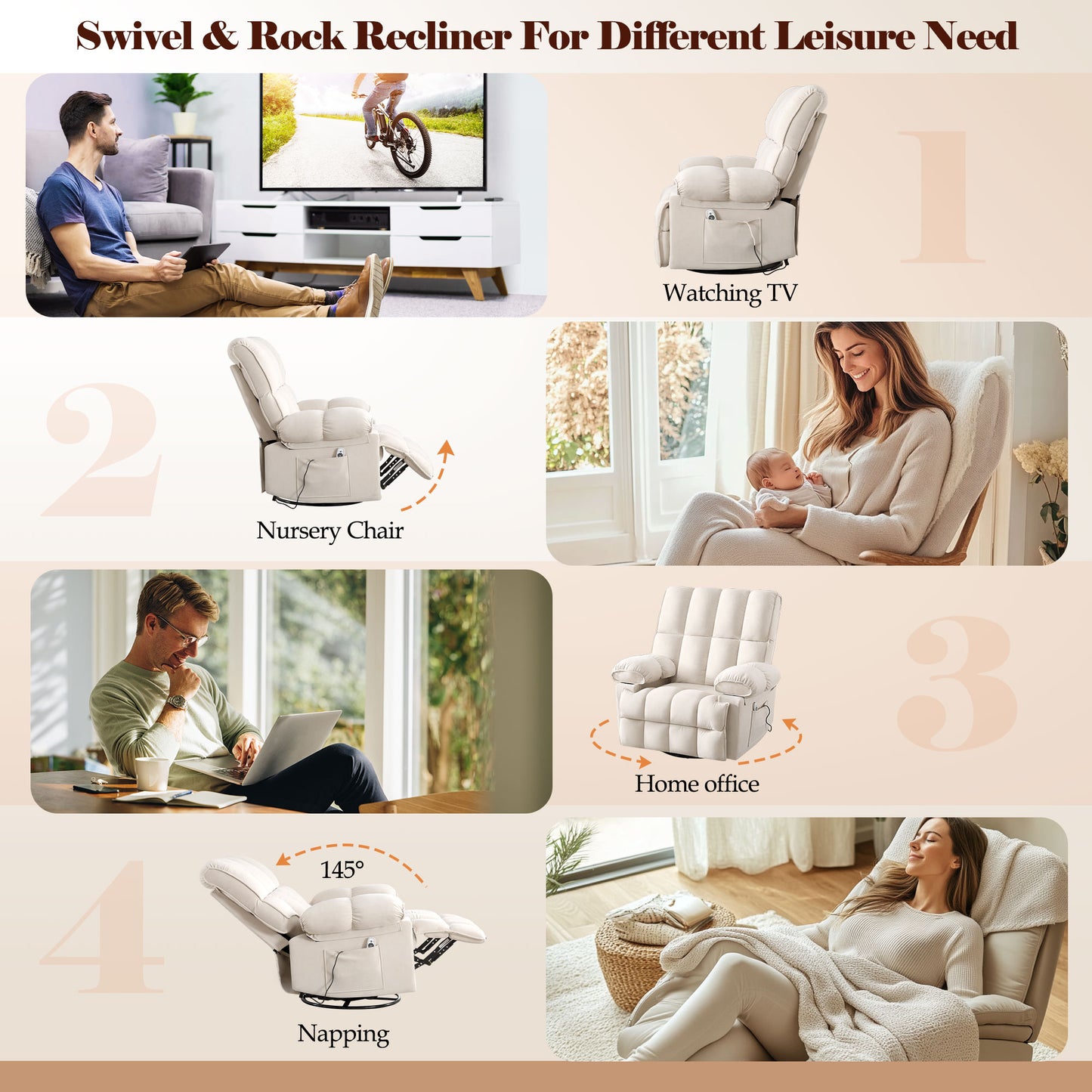 Swivel Rocker Recliner Chair with Massage and Heat