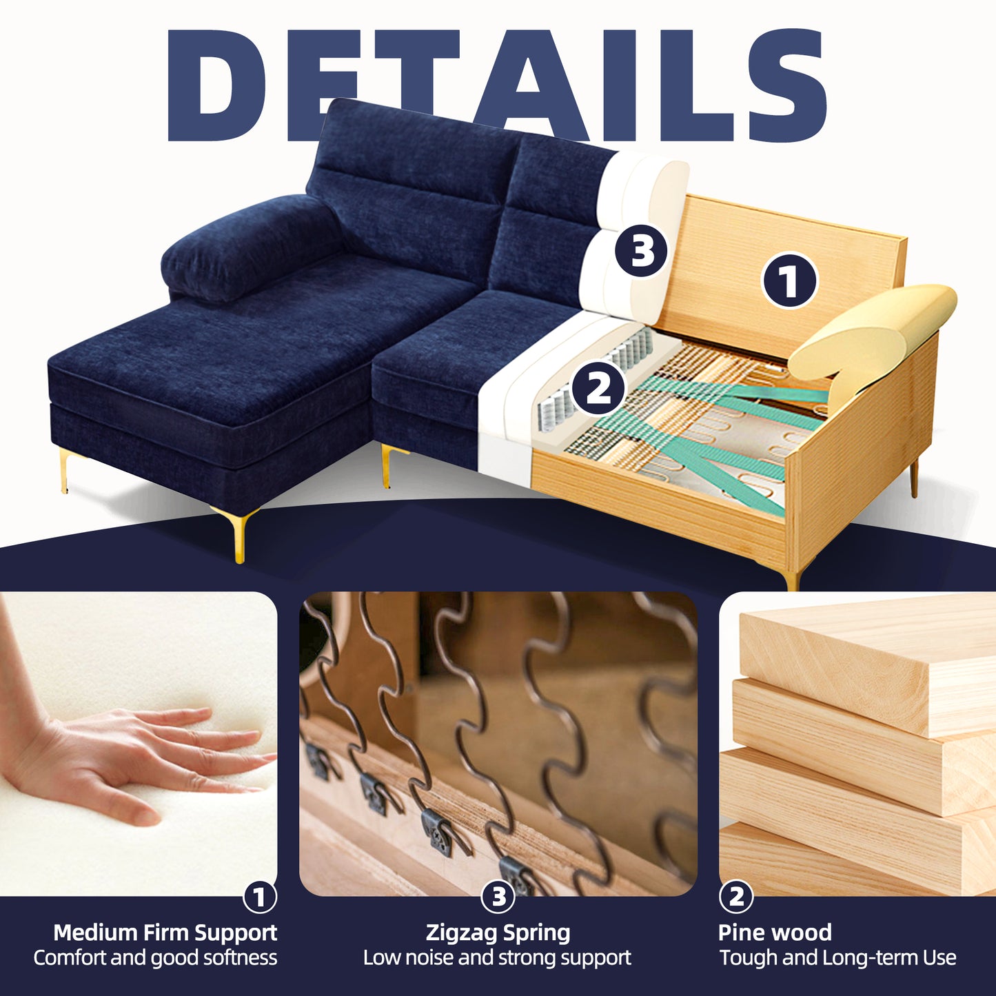 L Shape Couch 3 Seater Comfy Sofa with Reversible Chaise