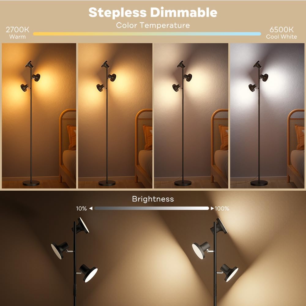 BedLuxury 67” 36W Tree Floor Lamp with Remote & Touch Control, 3 Lights Modern Dimmable Standing Lamp for Living Room, Bedroom, 4 Color Temperatures