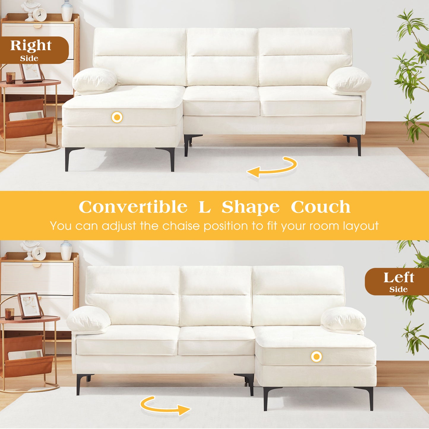 L Shape Couch 3 Seater Comfy Sofa with Reversible Chaise