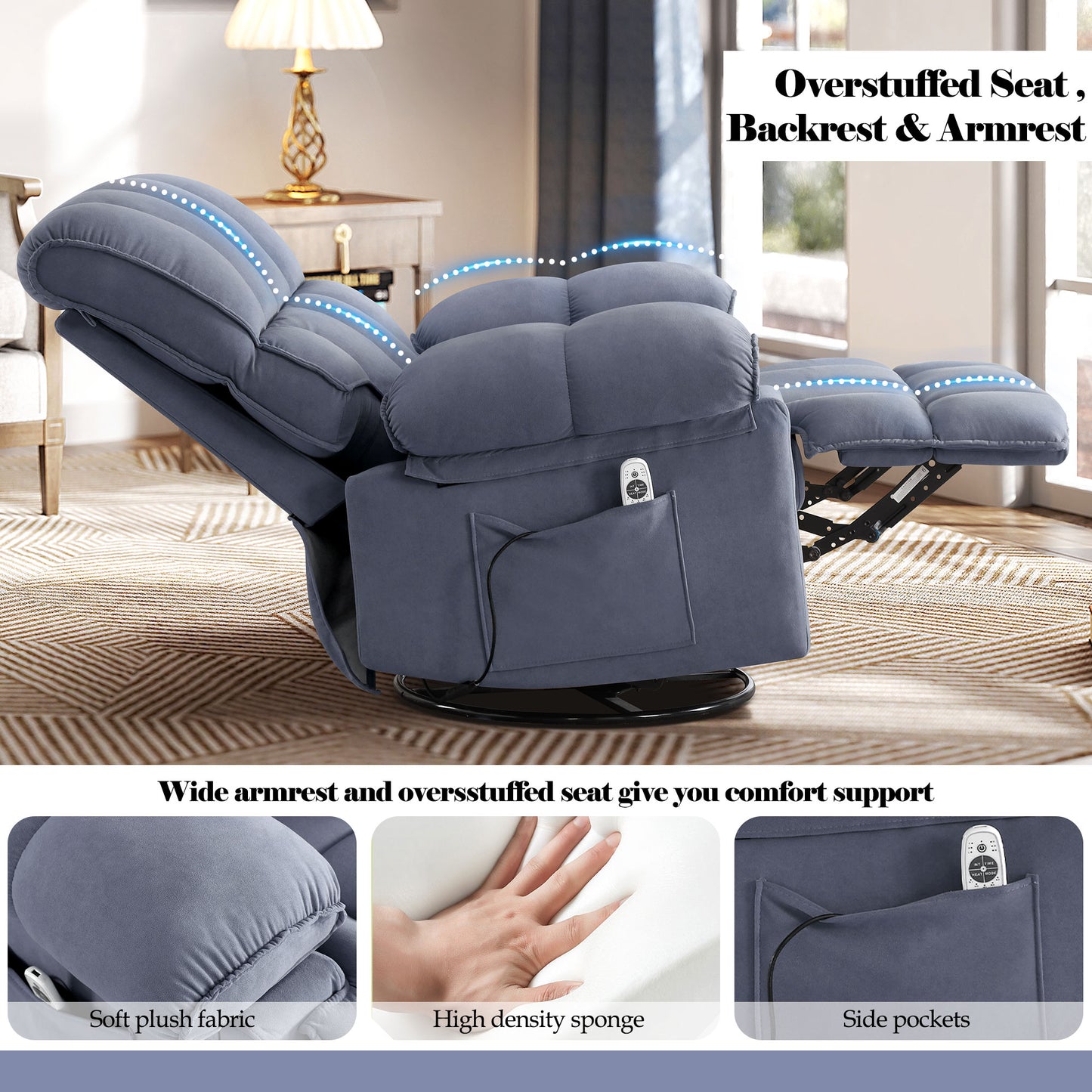 Swivel Rocker Recliner Chair with Massage and Heat