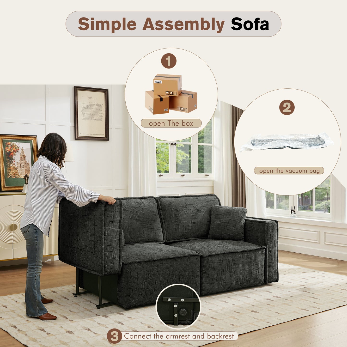 BedLuxury Oversized Loveseat Sofa, Modern Sectional Couch with Width Armrest for Living Room & Bedroom, Breathable Chenille Fabric