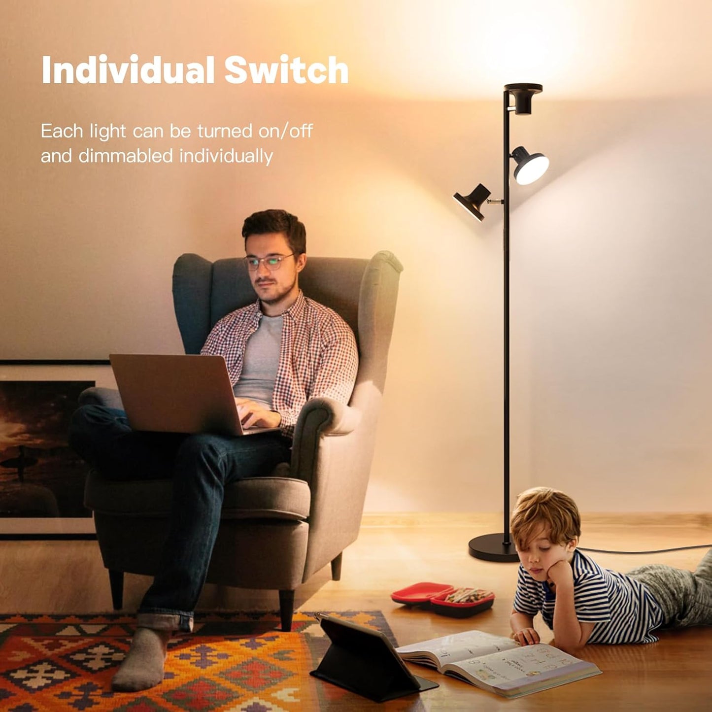 BedLuxury 67” 36W Tree Floor Lamp with Remote & Touch Control, 3 Lights Modern Dimmable Standing Lamp for Living Room, Bedroom, 4 Color Temperatures