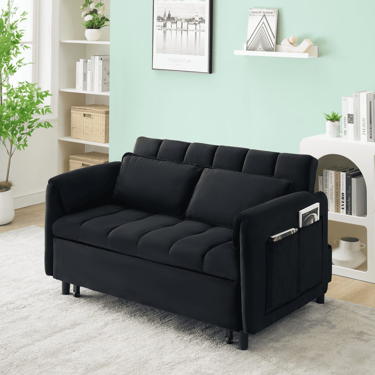 3-in-1 Loveseat Sleeper Couch, Velvet Convertible Sofa Bed with Adjustable Backrest for Living Room or Office.