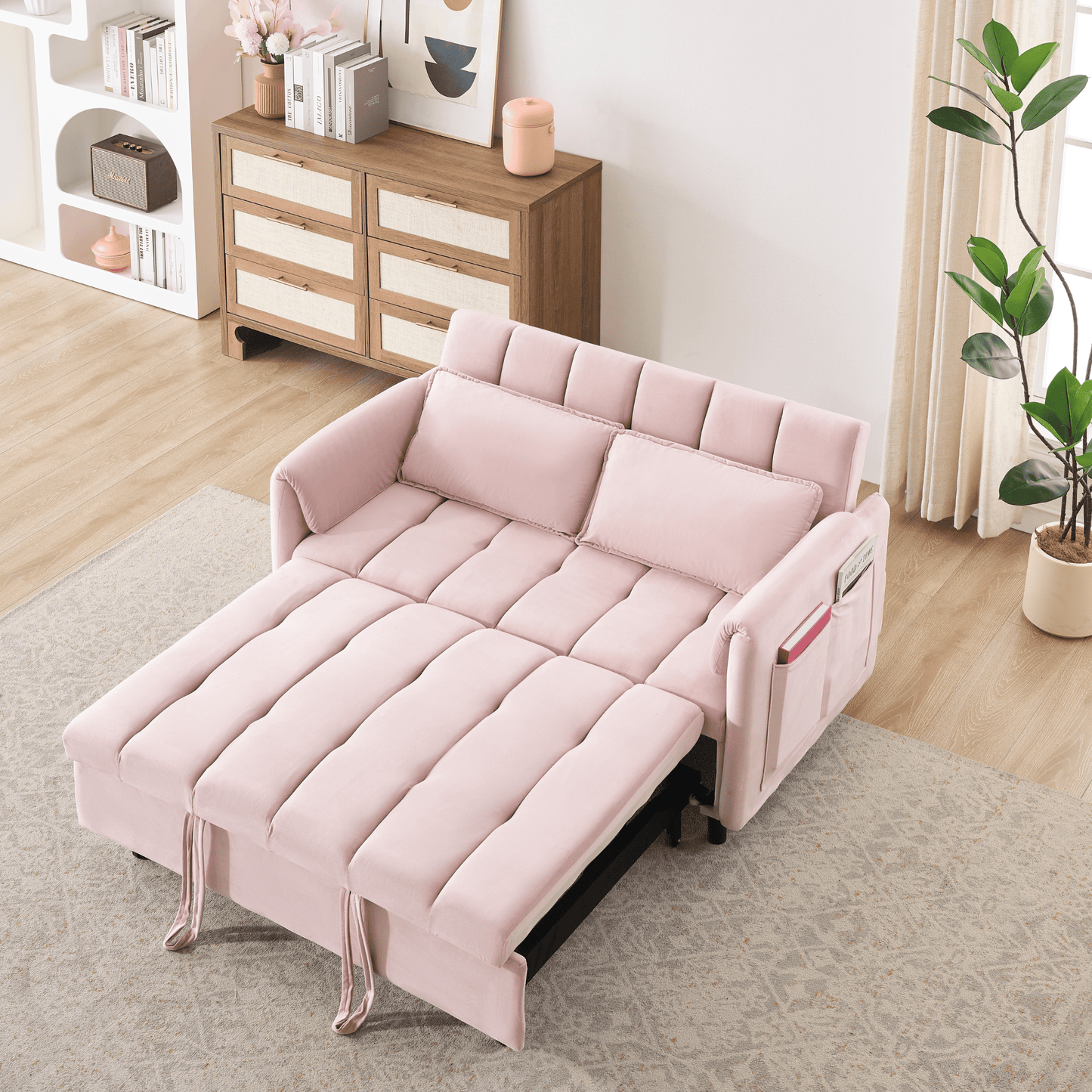 3-in-1 Loveseat Sleeper Couch, Velvet Convertible Sofa Bed with Adjustable Backrest for Living Room or Office.
