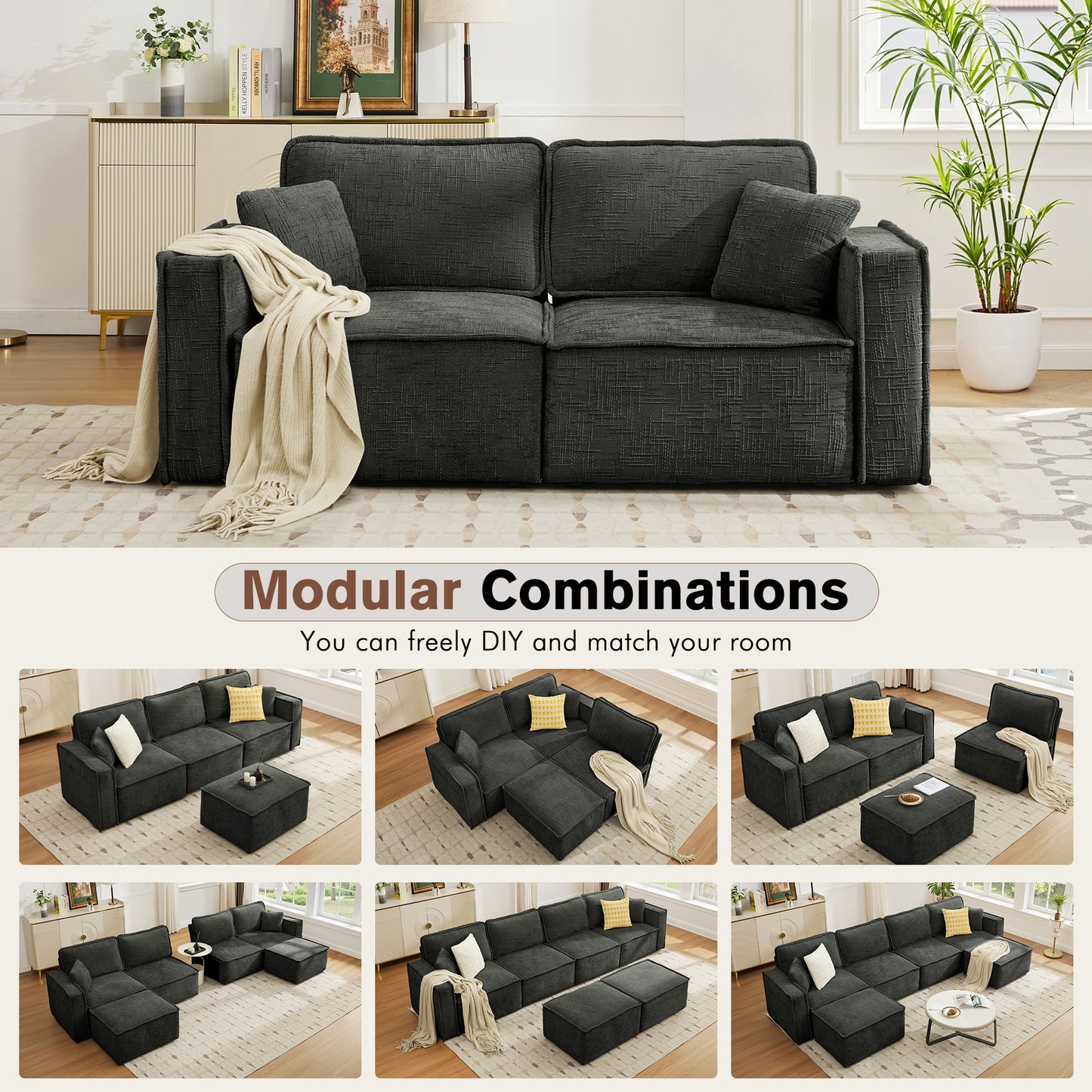 BedLuxury Oversized Loveseat Sofa, Modern Sectional Couch with Width Armrest for Living Room & Bedroom, Breathable Chenille Fabric