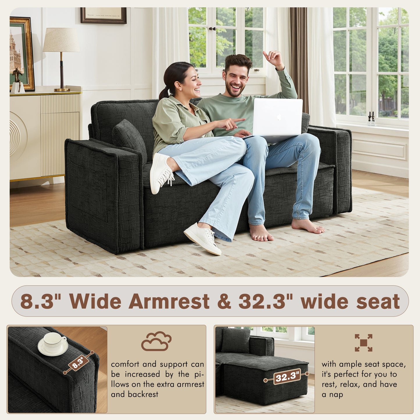 BedLuxury Oversized Loveseat Sofa, Modern Sectional Couch with Width Armrest for Living Room & Bedroom, Breathable Chenille Fabric