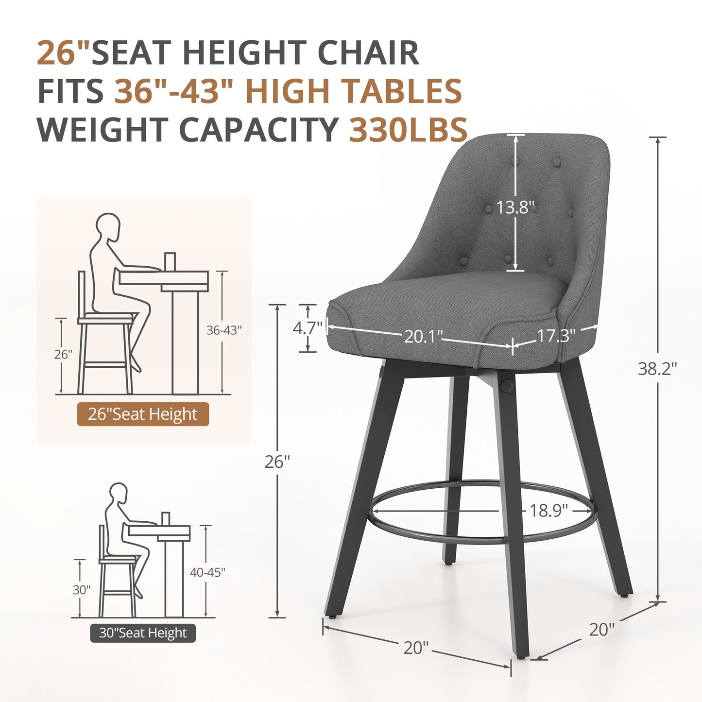 Linen Upholstered Counter Height Bar Stool for Kitchen Island